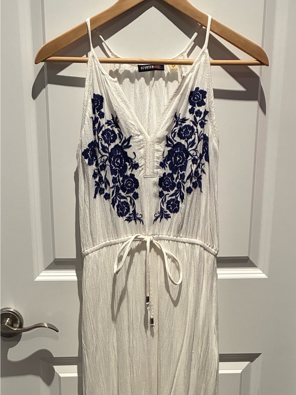 White Maxi Lined Dress with Navy Floral Embroidery